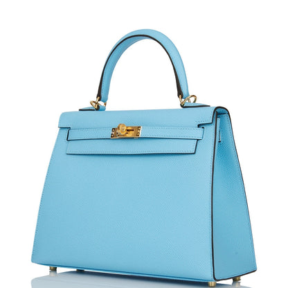 Hermes Kelly 25 Sellier Celeste Epsom Gold Hardware