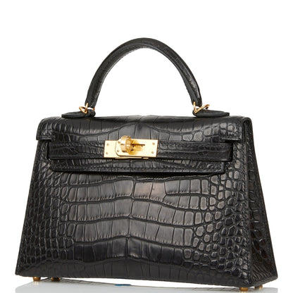 Hermes Kelly 20 Sellier Black Matte Alligator Gold Hardware