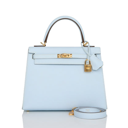 Hermes Kelly 25 Sellier Bleu Brume Epsom Gold Hardware
