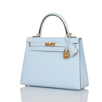 Hermes Kelly 25 Sellier Bleu Brume Epsom Gold Hardware