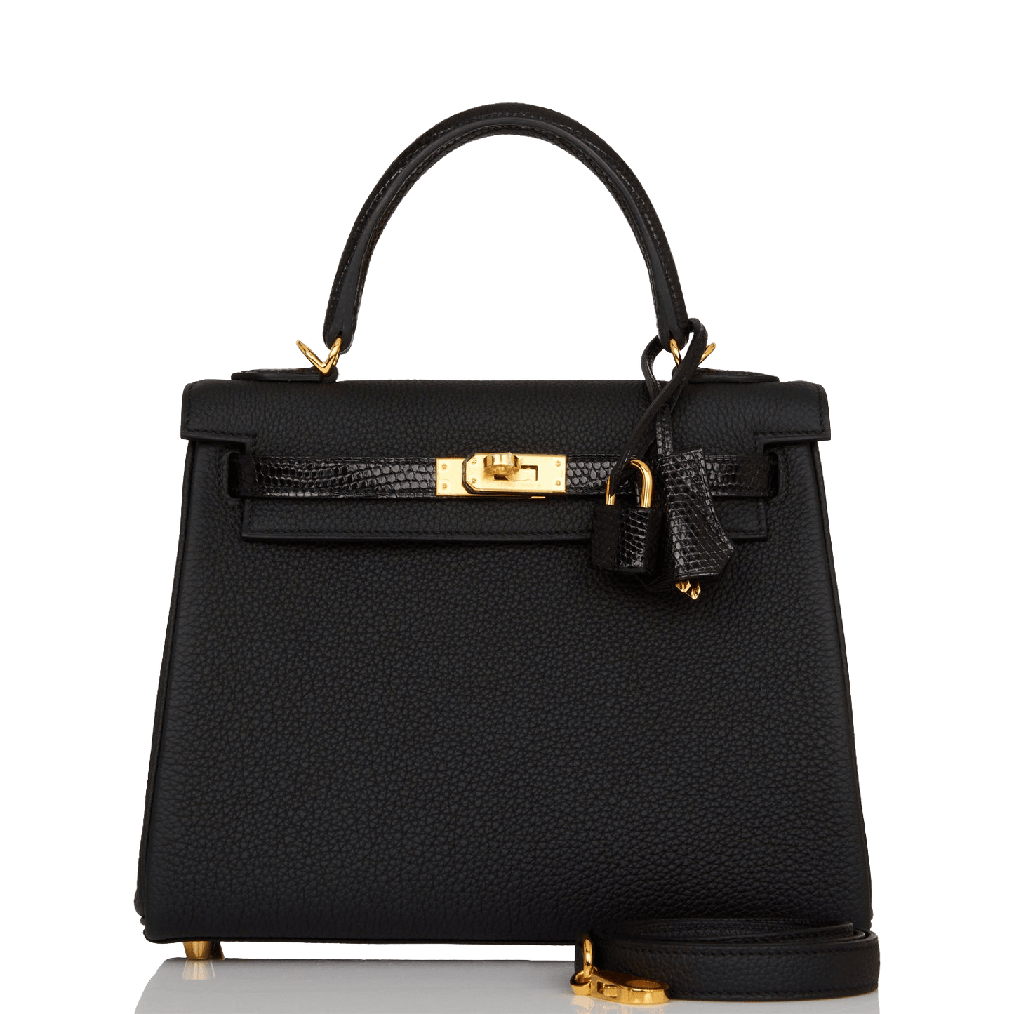 Hermes Kelly 25 Retourne Black Togo and Lizard Touch Gold Hardware