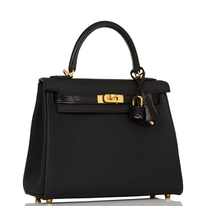 Hermes Kelly 25 Retourne Black Togo and Lizard Touch Gold Hardware