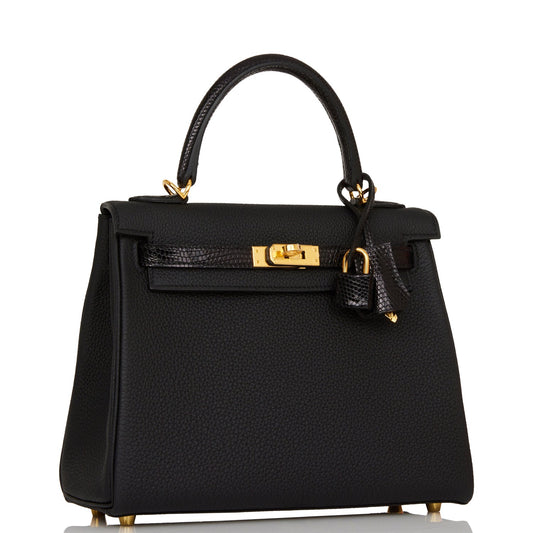 Hermes Kelly 25 Retourne Black Togo and Lizard Touch Gold Hardware
