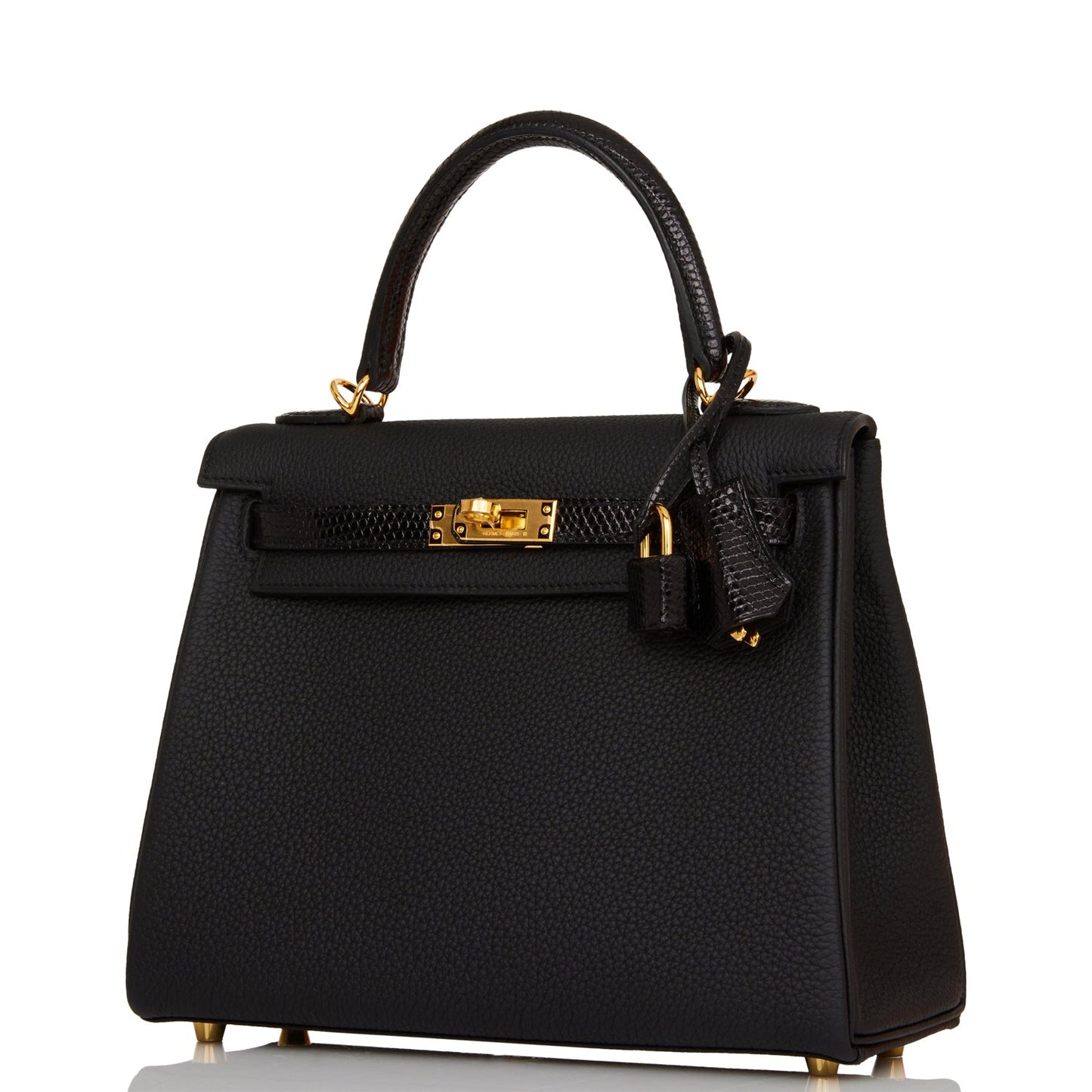 Hermes Kelly 25 Retourne Black Togo and Lizard Touch Gold Hardware