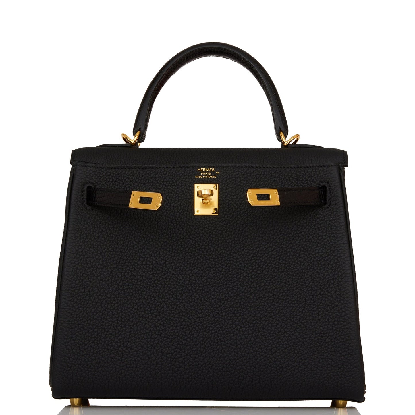 Hermes Kelly 25 Retourne Black Togo and Lizard Touch Gold Hardware