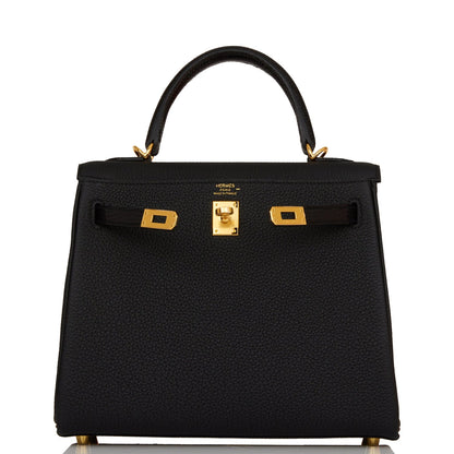 Hermes Kelly 25 Retourne Black Togo and Lizard Touch Gold Hardware