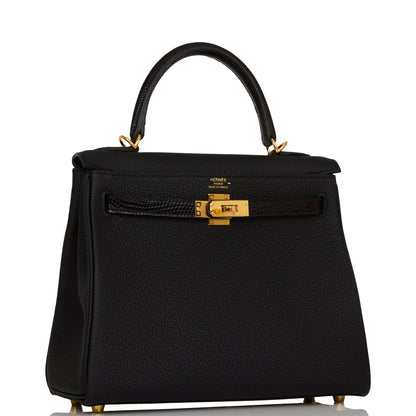 Hermes Kelly 25 Retourne Black Togo and Lizard Touch Gold Hardware