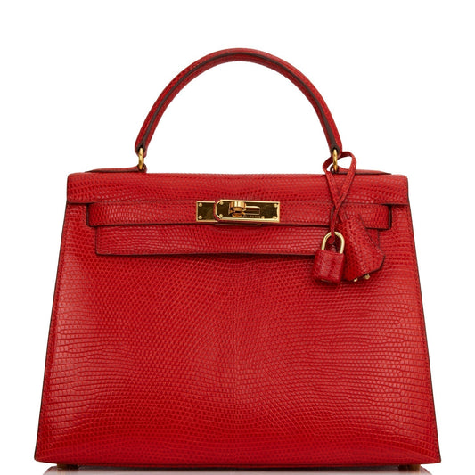 Hermes Kelly 28 Sellier Rouge Vif Lizard Niloticus Gold Hardware