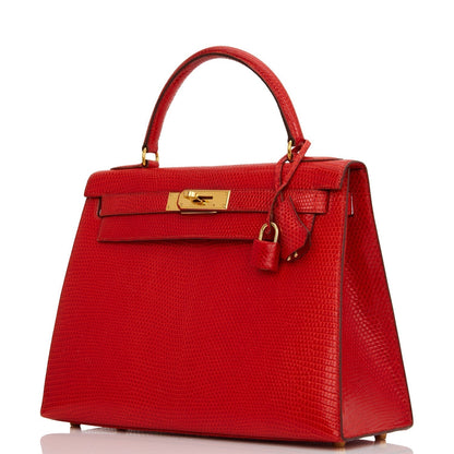 Hermes Kelly 28 Sellier Rouge Vif Lizard Niloticus Gold Hardware