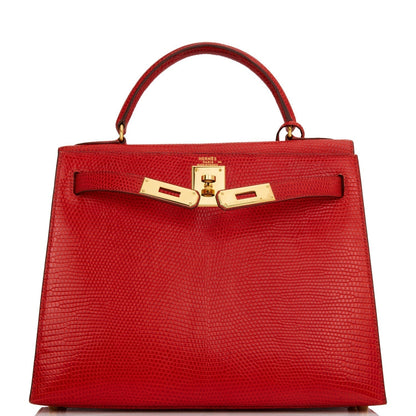Hermes Kelly 28 Sellier Rouge Vif Lizard Niloticus Gold Hardware