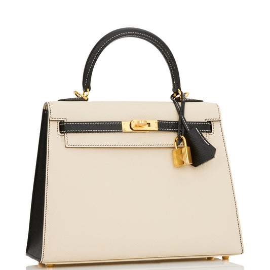 Hermes Kelly 25 Sellier Nata and Black Epsom Gold Hardware