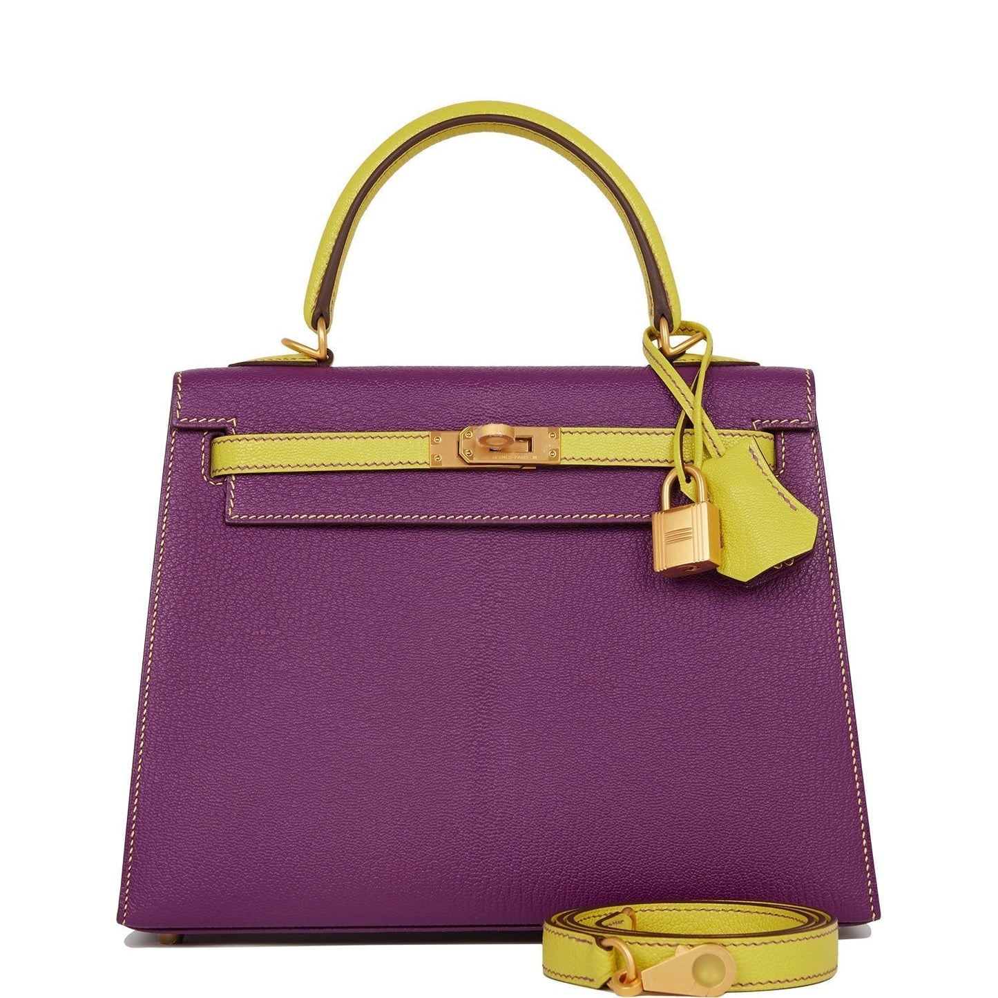 Hermes Kelly 25 Sellier Anemone and Lime Chevre Brushed Gold Hardware