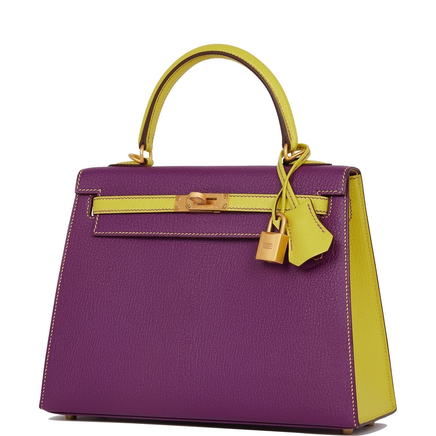 Hermes Kelly 25 Sellier Anemone and Lime Chevre Brushed Gold Hardware