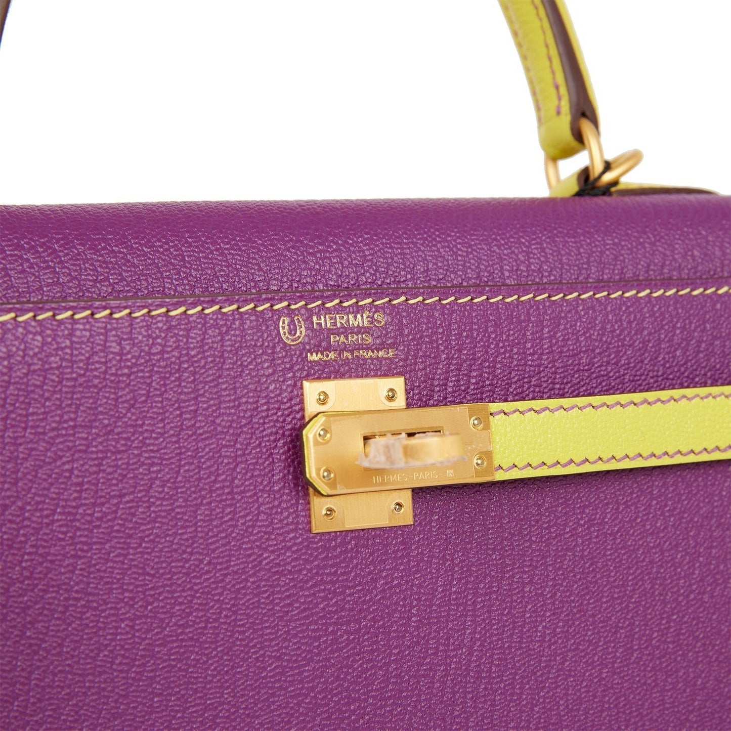 Hermes Kelly 25 Sellier Anemone and Lime Chevre Brushed Gold Hardware