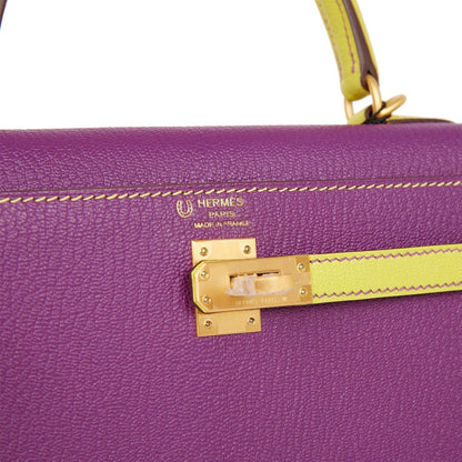 Hermes Kelly 25 Sellier Anemone and Lime Chevre Brushed Gold Hardware