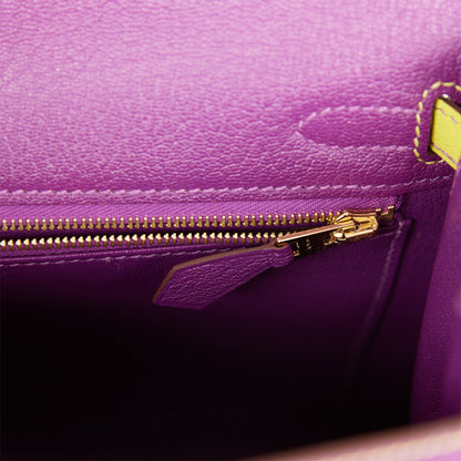 Hermes Kelly 25 Sellier Anemone and Lime Chevre Brushed Gold Hardware