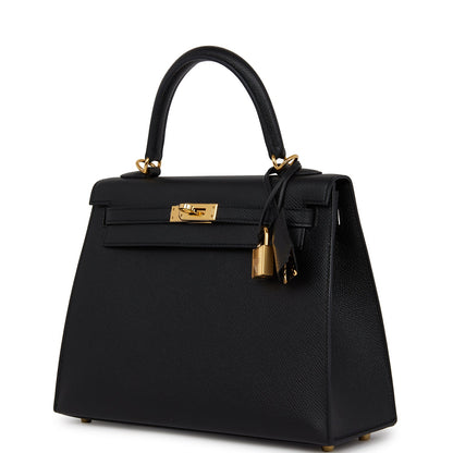 Hermes Kelly 25 Sellier Black Epsom Gold Hardware