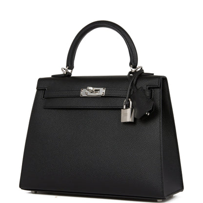 Hermes Kelly 25 Sellier Black Epsom Palladium Hardware