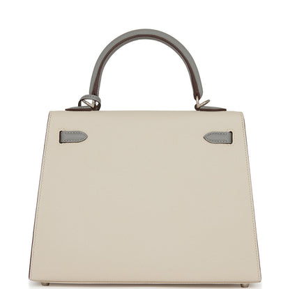 Hermes Kelly 25 Sellier Craie and Gris Mouette Epsom Brushed Palladium Hardware