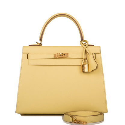 Hermes Kelly 25 Sellier Jaune Poussin Epsom Gold Hardware