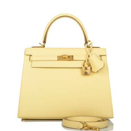 Hermes Kelly 25 Sellier Jaune Poussin Epsom Gold Hardware