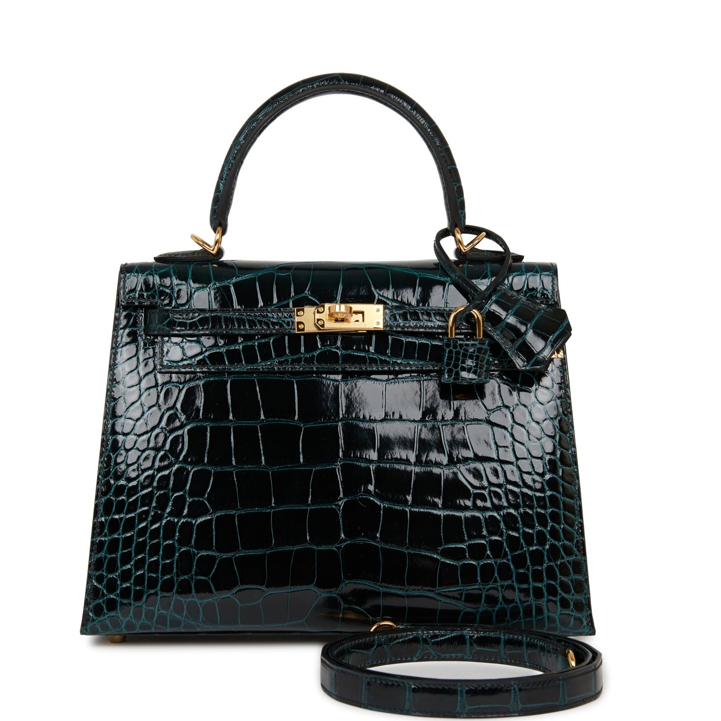Hermes Kelly 25 Sellier Vert Rousseau Shiny Alligator Gold Hardware