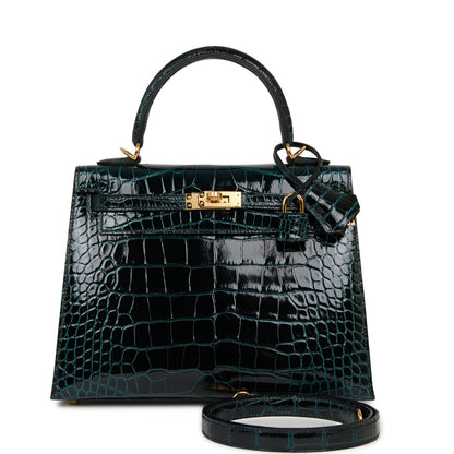 Hermes Kelly 25 Sellier Vert Rousseau Shiny Alligator Gold Hardware