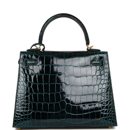 Hermes Kelly 25 Sellier Vert Rousseau Shiny Alligator Gold Hardware