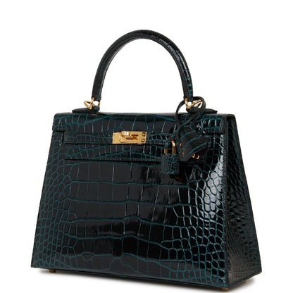 Hermes Kelly 25 Sellier Vert Rousseau Shiny Alligator Gold Hardware
