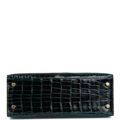 Hermes Kelly 25 Sellier Vert Rousseau Shiny Alligator Gold Hardware