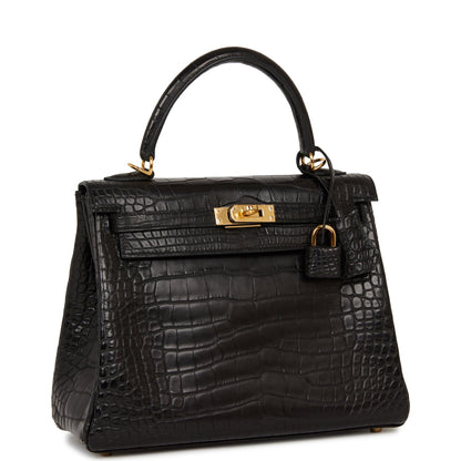 Hermes Kelly 25 Retourne Black Matte Alligator Gold Hardware