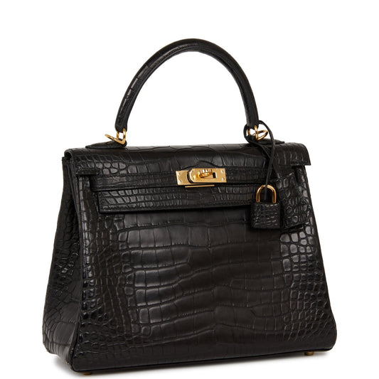Hermes Kelly 25 Retourne Black Matte Alligator Gold Hardware