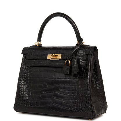 Hermes Kelly 25 Retourne Black Matte Alligator Gold Hardware