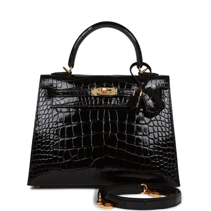 Hermes Kelly 25 Sellier Black Shiny Alligator Gold Hardware