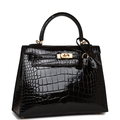 Hermes Kelly 25 Sellier Black Shiny Alligator Gold Hardware