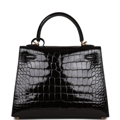 Hermes Kelly 25 Sellier Black Shiny Alligator Gold Hardware