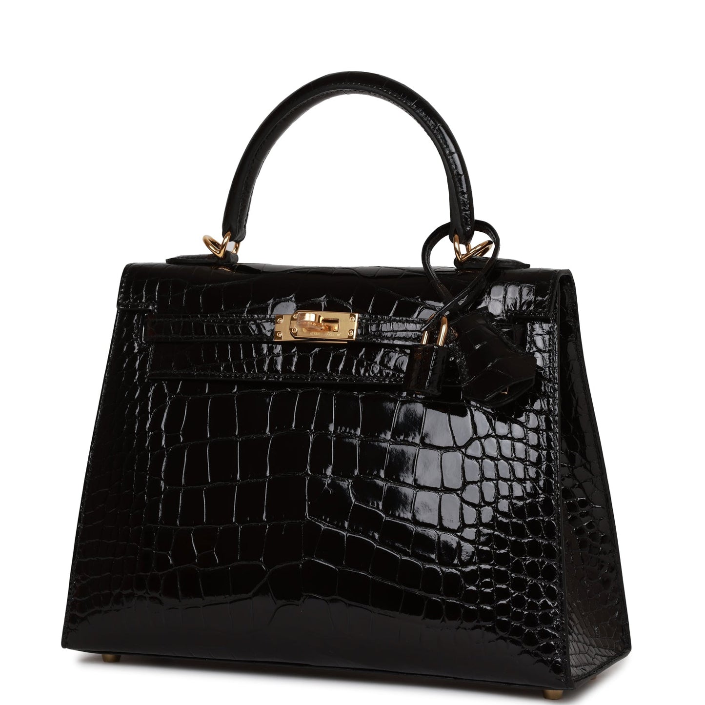 Hermes Kelly 25 Sellier Black Shiny Alligator Gold Hardware