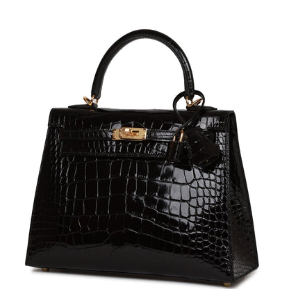Hermes Kelly 25 Sellier Black Shiny Alligator Gold Hardware
