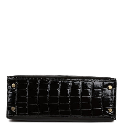 Hermes Kelly 25 Sellier Black Shiny Alligator Gold Hardware