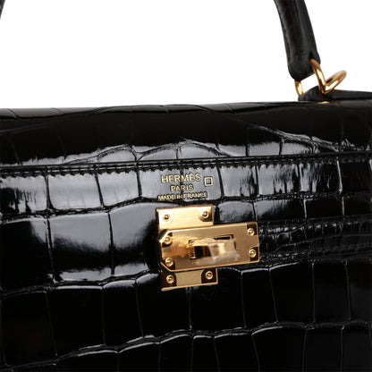 Hermes Kelly 25 Sellier Black Shiny Alligator Gold Hardware