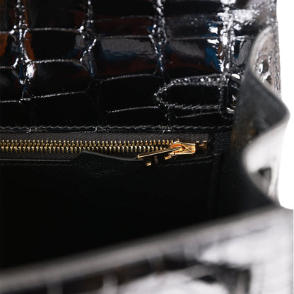 Hermes Kelly 25 Sellier Black Shiny Alligator Gold Hardware