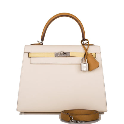 Hermes Kelly 25 Sellier Tri-Color Nata, Jaune Poussin and Sesame Epsom Palladium Hardware