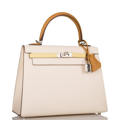 Hermes Kelly 25 Sellier Tri-Color Nata, Jaune Poussin and Sesame Epsom Palladium Hardware