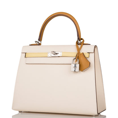 Hermes Kelly 25 Sellier Tri-Color Nata, Jaune Poussin and Sesame Epsom Palladium Hardware