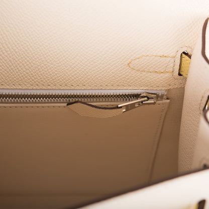 Hermes Kelly 25 Sellier Tri-Color Nata, Jaune Poussin and Sesame Epsom Palladium Hardware