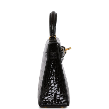 Hermes Kelly 20 Sellier Black Shiny Alligator Gold Hardware
