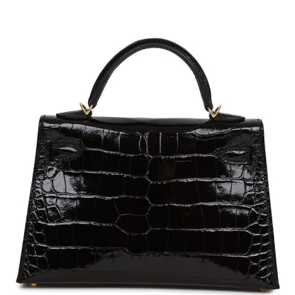 Hermes Kelly 20 Sellier Black Shiny Alligator Gold Hardware