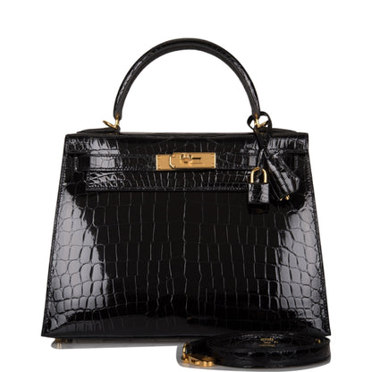 Hermes Kelly 28 Sellier Black Shiny Niloticus Crocodile Gold Hardware
