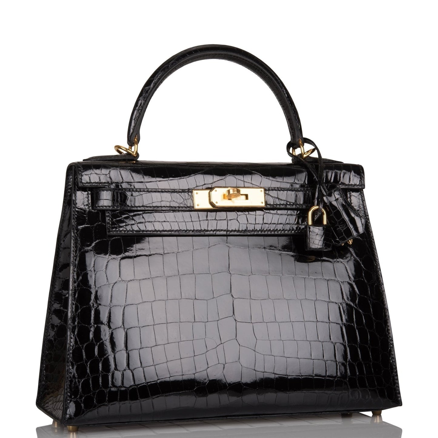 Hermes Kelly 28 Sellier Black Shiny Niloticus Crocodile Gold Hardware