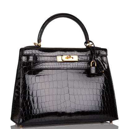 Hermes Kelly 28 Sellier Black Shiny Niloticus Crocodile Gold Hardware
